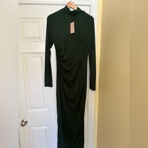 Dark Green Long Sleeve Draped Maxi Dress